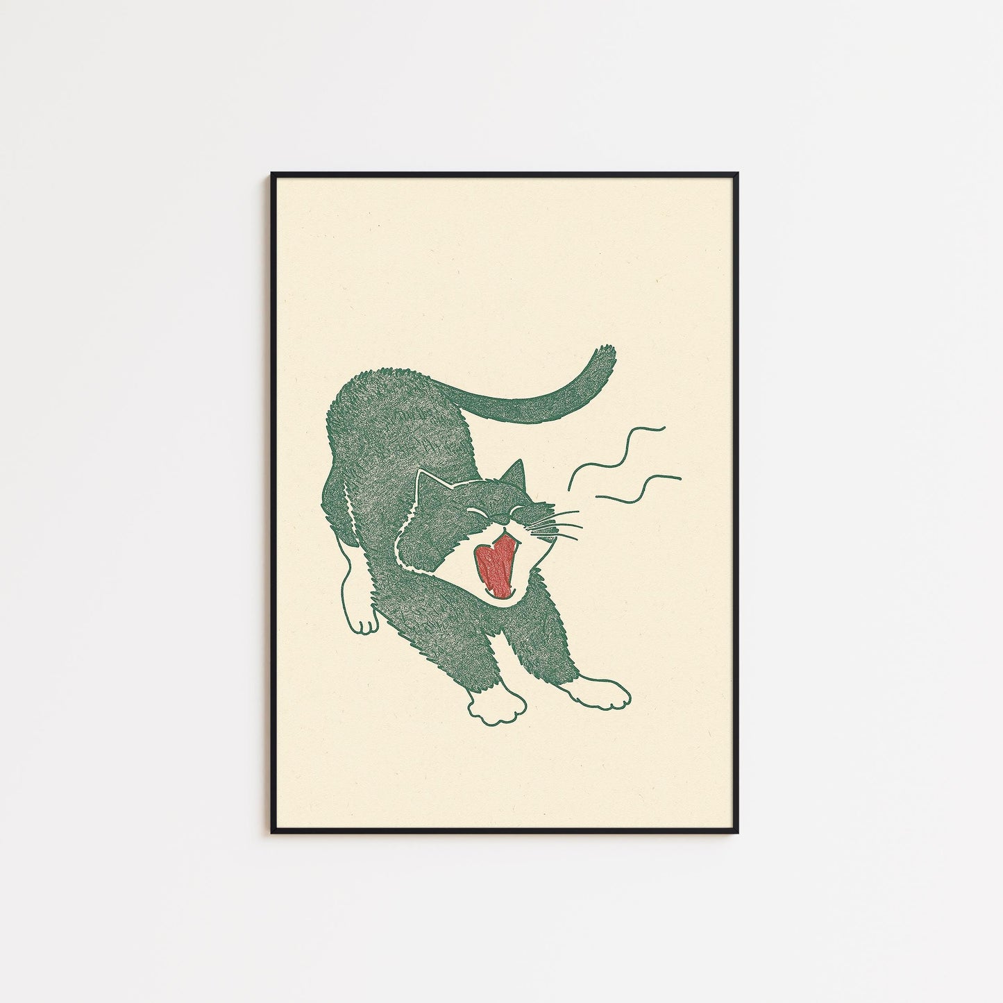 Morning Stretch Cat – Minimal Line Art Poster, Playful Vintage Illustration