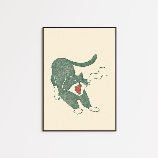 Morning Stretch Cat – Minimal Line Art Poster, Playful Vintage Illustration