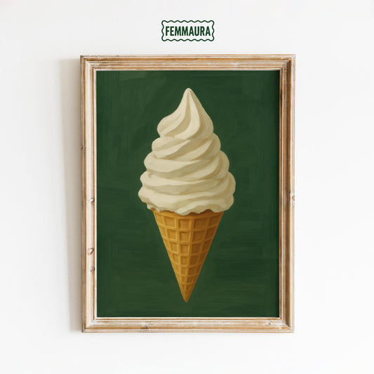 Ice Cream Wall Art – Retro Dessert Print | Minimalist Vanilla Cone Poster