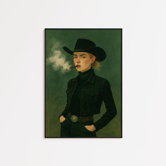 Cowgirl Smoking Cigar – Western Feminist Portrait Print | Moody Dark Tone Wall Art