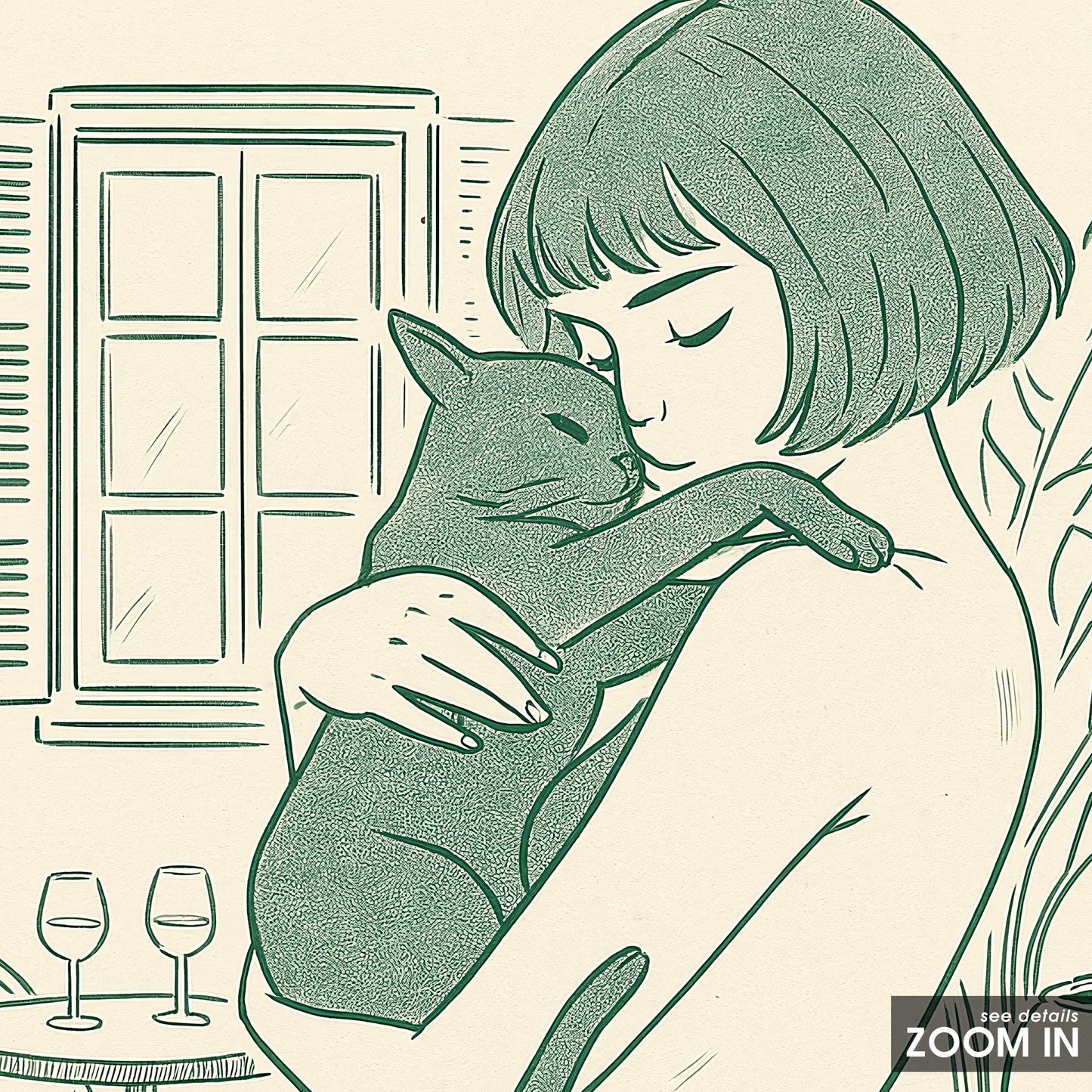 Morning Balcony – Woman and Cat Line Art, Intimate Minimal Illustration Print