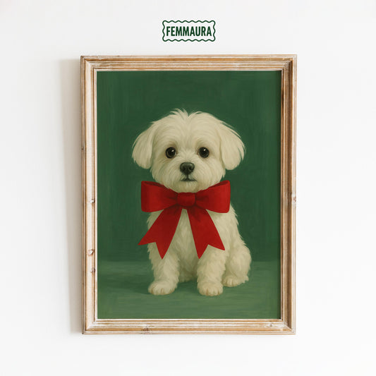 Christmas Puppy Poster – Cute Holiday Dog Art with Red Bow and Cozy Decor