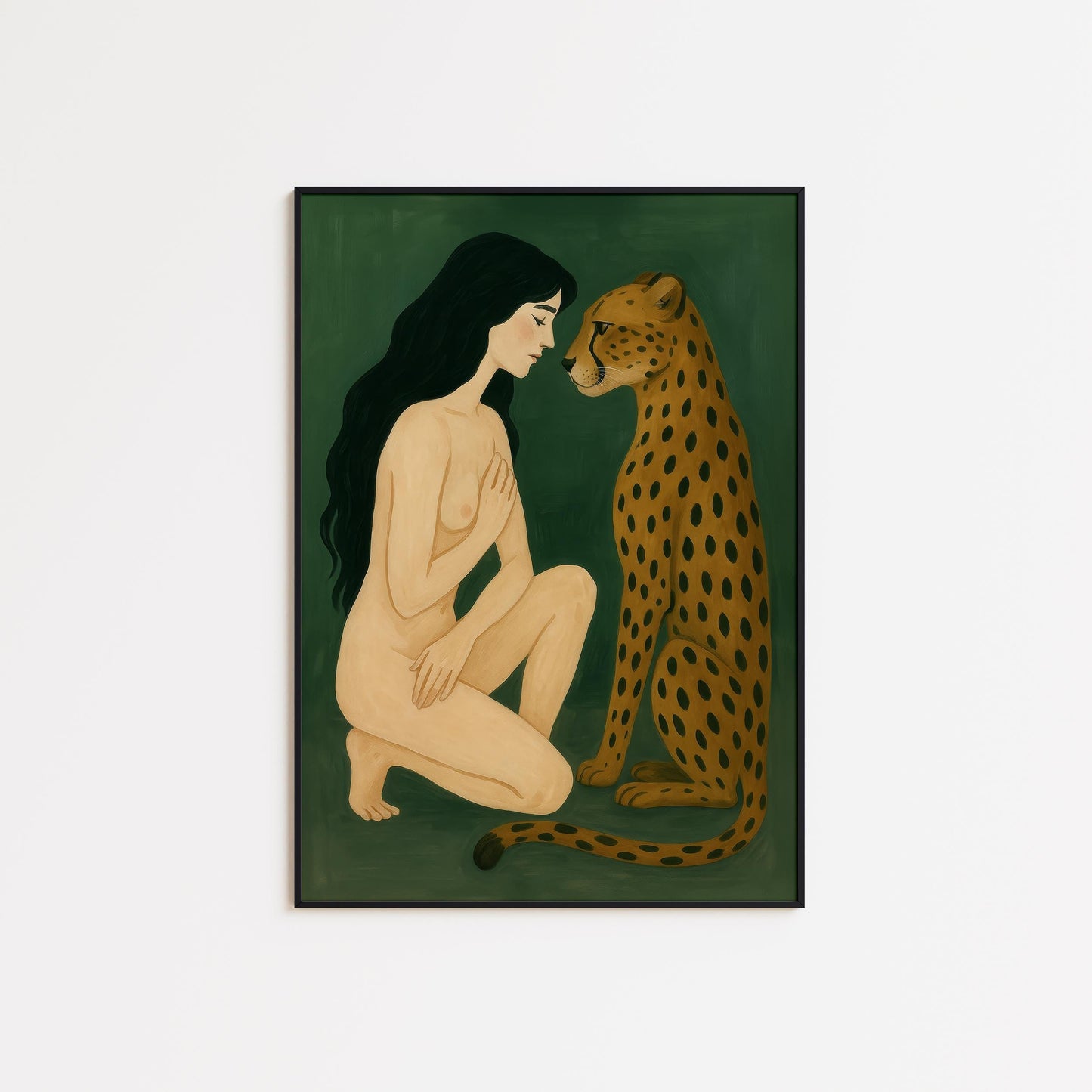 Leopard Wall Art – Wildlife Wall Art Featuring Woman and Leopard Print on Green Poster