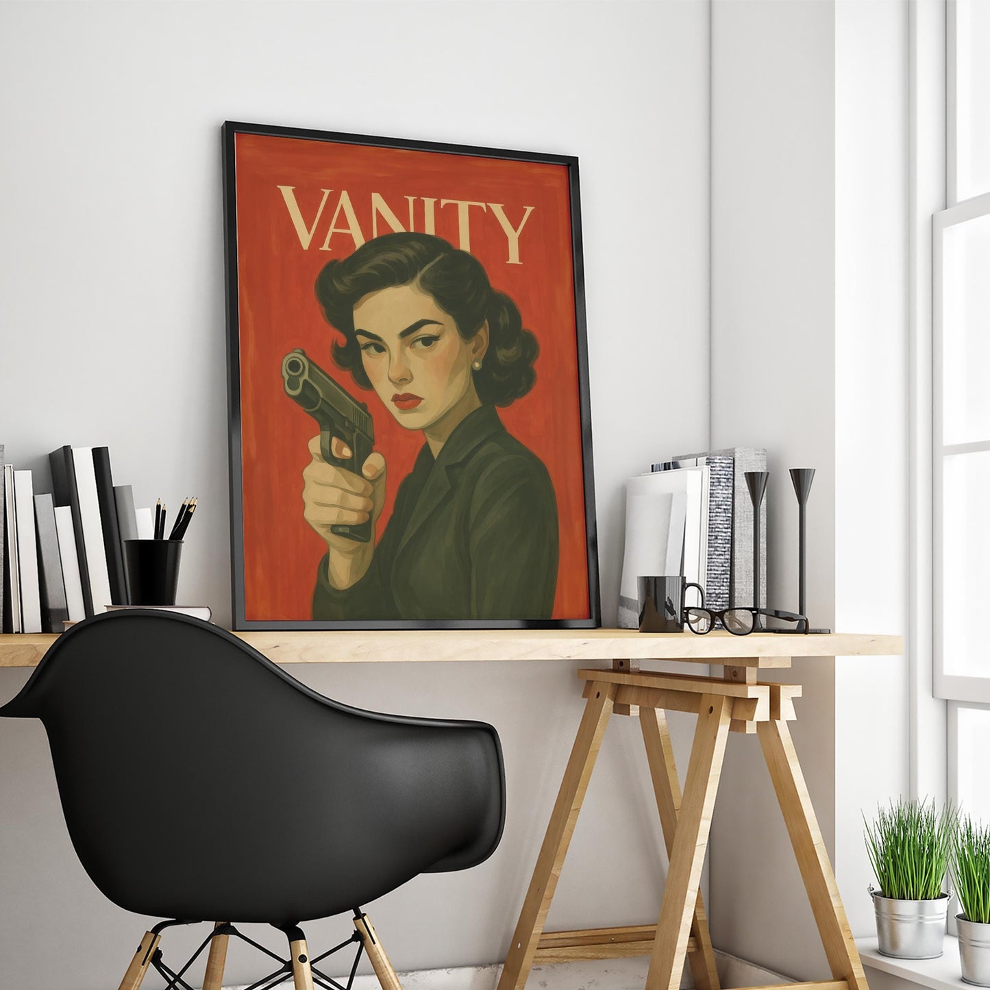 Femme Fatale Poster – Bold Red Retro Noir Art With Feminist Wall Decor