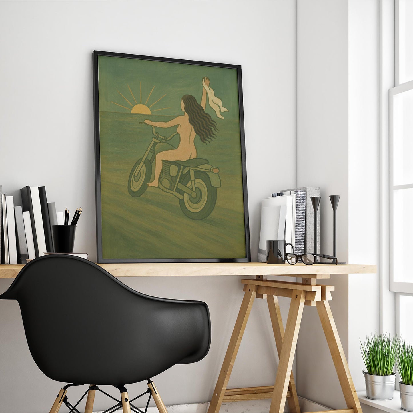 Motorcycle Sunset Poster – Nude Woman Artwork | Retro Biker Wall Decor