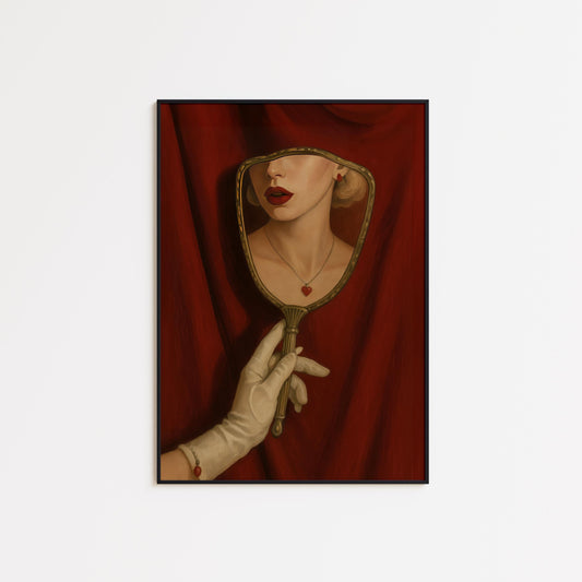 Vintage Mirror Poster – Gothic Wall Art With Feminine Red Decor & Surreal Woman Print