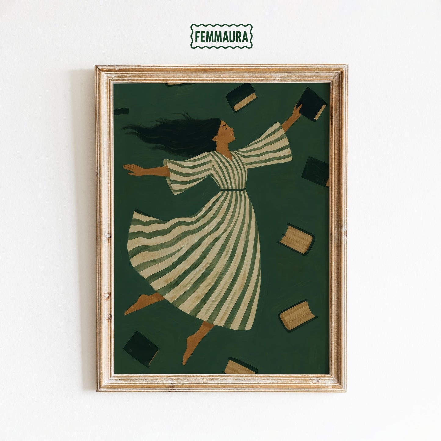 Feminine Dark Green Poster – Floating Books Print With Muted Green Tones & Dreamy Woman Art