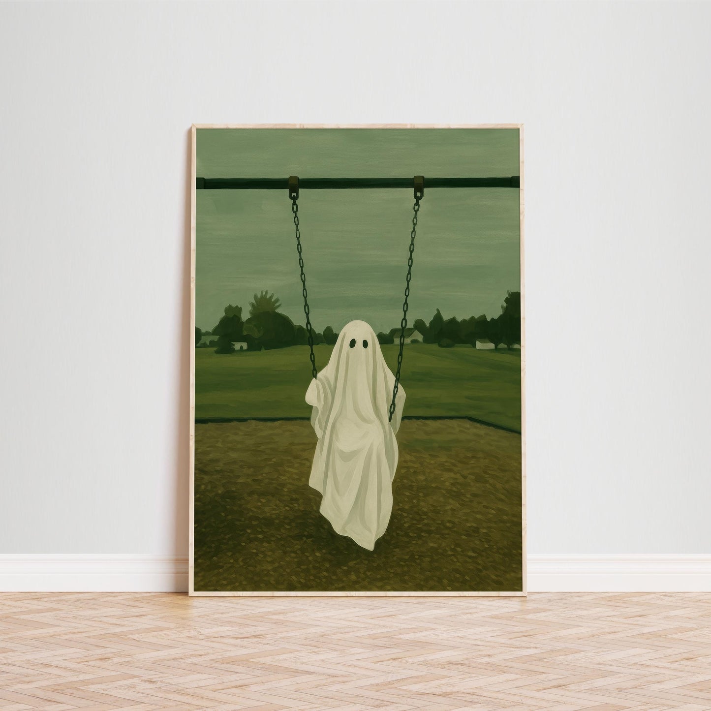 Spooky Wall Art – Minimalist Ghost Swing Print | Gothic Bedroom Decor