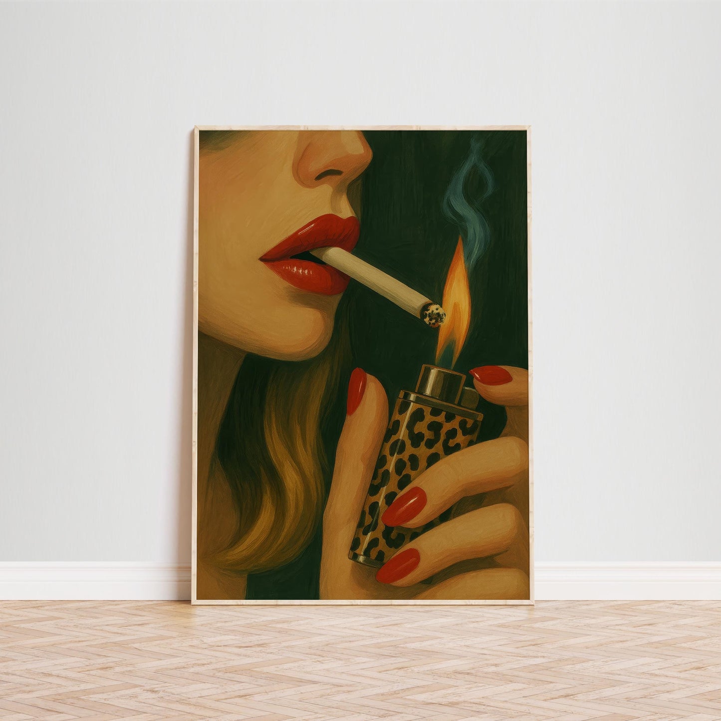 Feminine Smoking Art Print – Retro Glam Poster With Bold Lipstick & Leopard Lighter