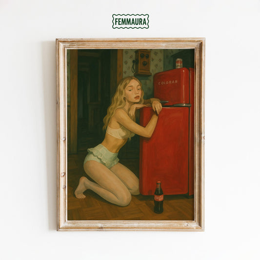 Vintage Fridge Poster – Retro Kitchen Art With Bold Red Accent & Feminine Wall Decor