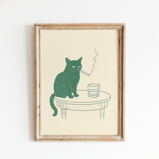 Smoky Cat Line Art Print – Funny Minimalist Wall Art, Retro Animal Poster