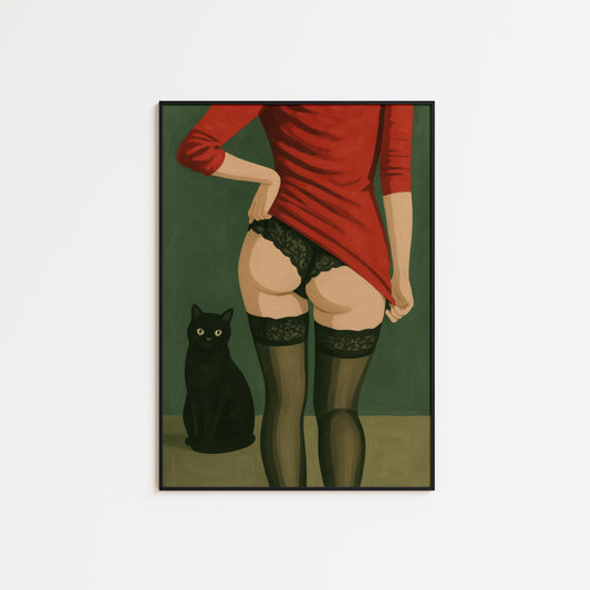 Black Cat Art Print – Retro Lingerie Illustration | Boudoir Wall Decor