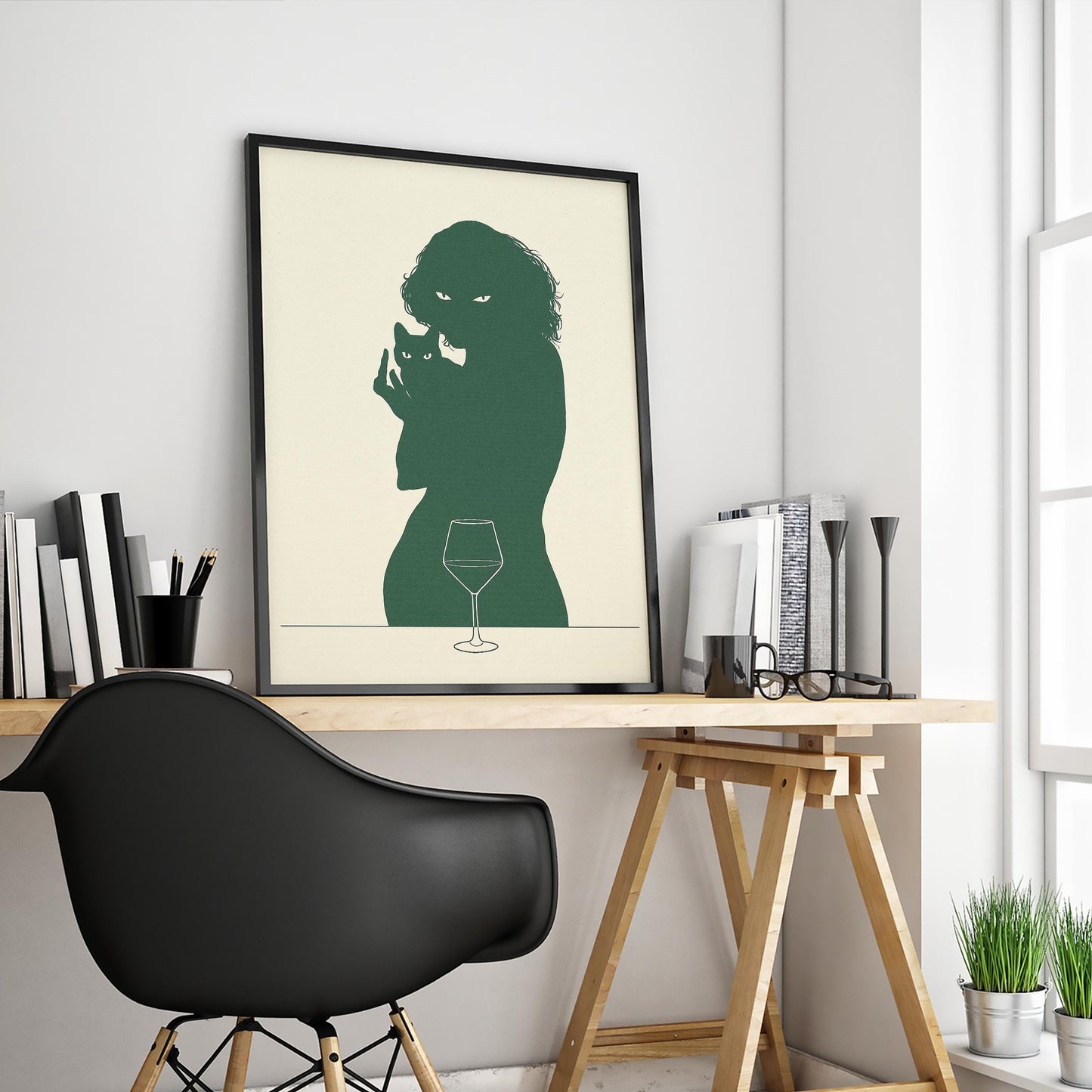 Woman and Cat Silhouette Poster – Intimate Minimal Line Art, Moody Wall Print