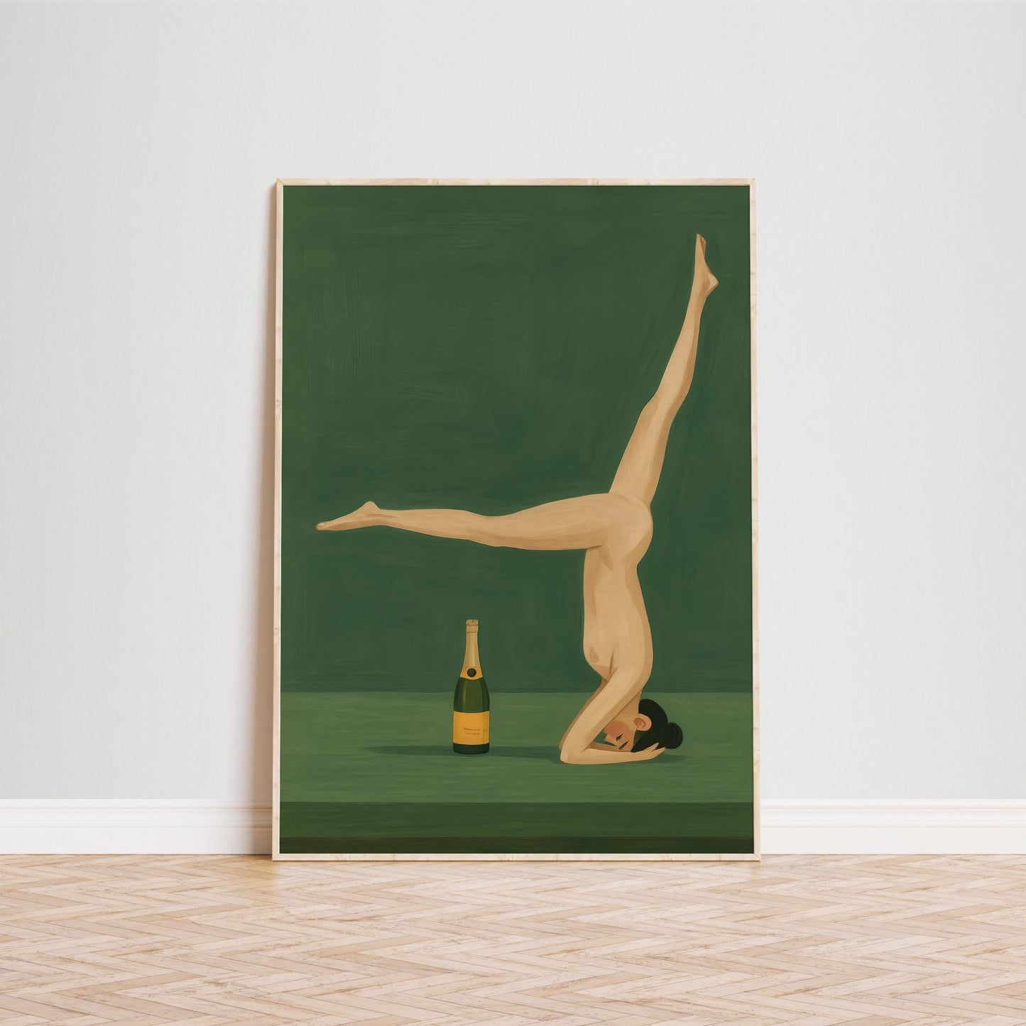 Champagne Nude Yoga Art – Minimalist Retro Poster | Green Wall Decor & Sensual Illustration