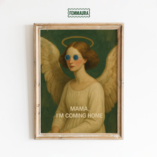 Cool Angel Wall Art – Surreal Vintage Halo Poster With Blue Sunglasses