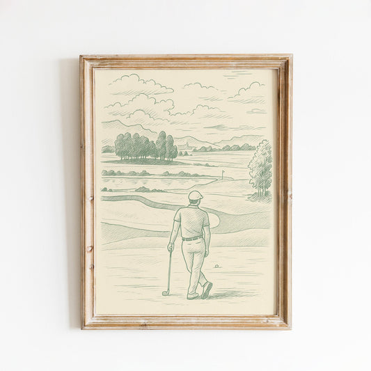 Golf Landscape Poster – Minimal Vintage Green Line Art for Sport Lovers