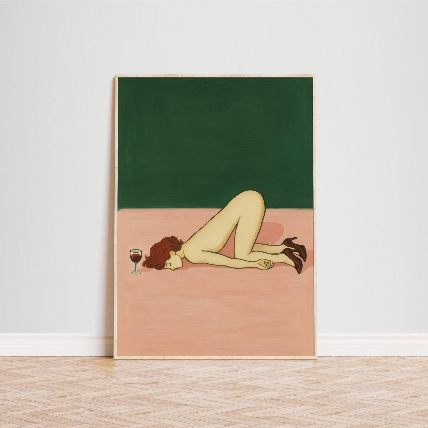 Sad Girl Poster – Pink Green Artwork | Emotional Wall Art With Stylized Figure