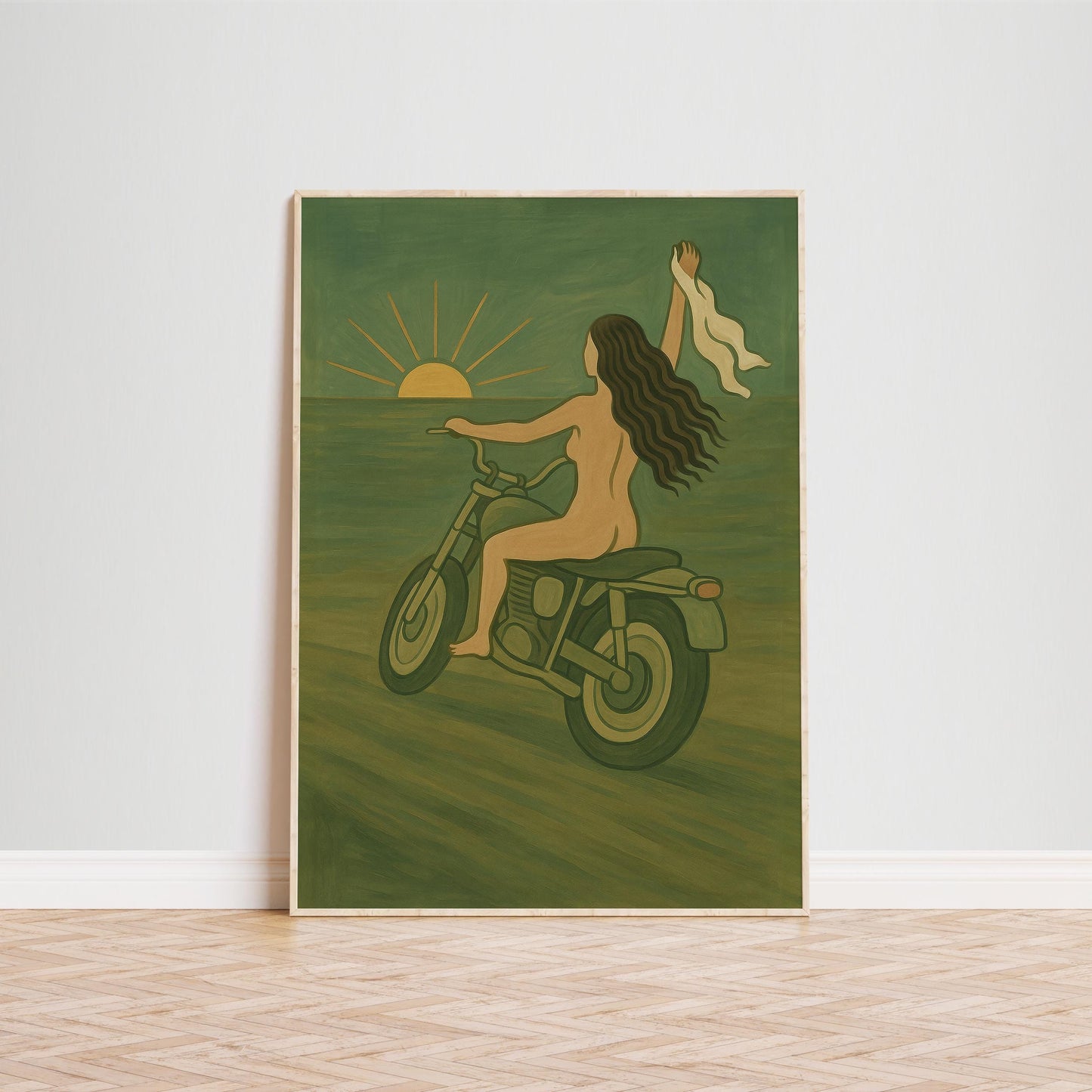 Motorcycle Sunset Poster – Nude Woman Artwork | Retro Biker Wall Decor