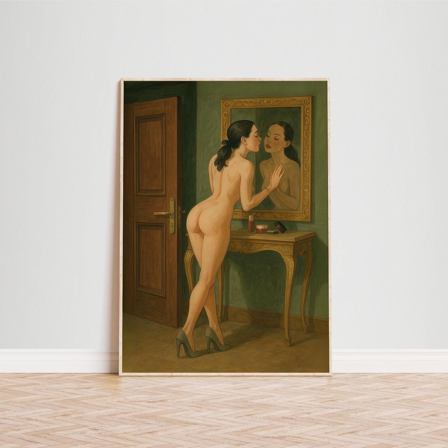 Sensual Feminine Art Print – Woman Kissing Mirror Vintage Intimate Poster
