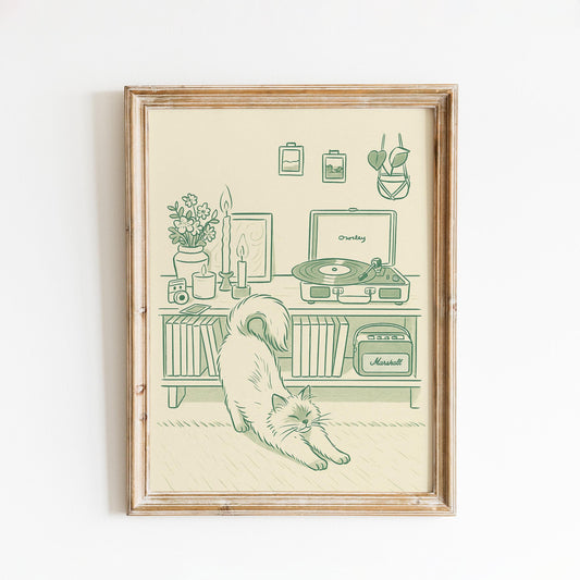 Cozy Cat and Vinyl Poster – Retro Minimal Line Art, Warm Home Decor