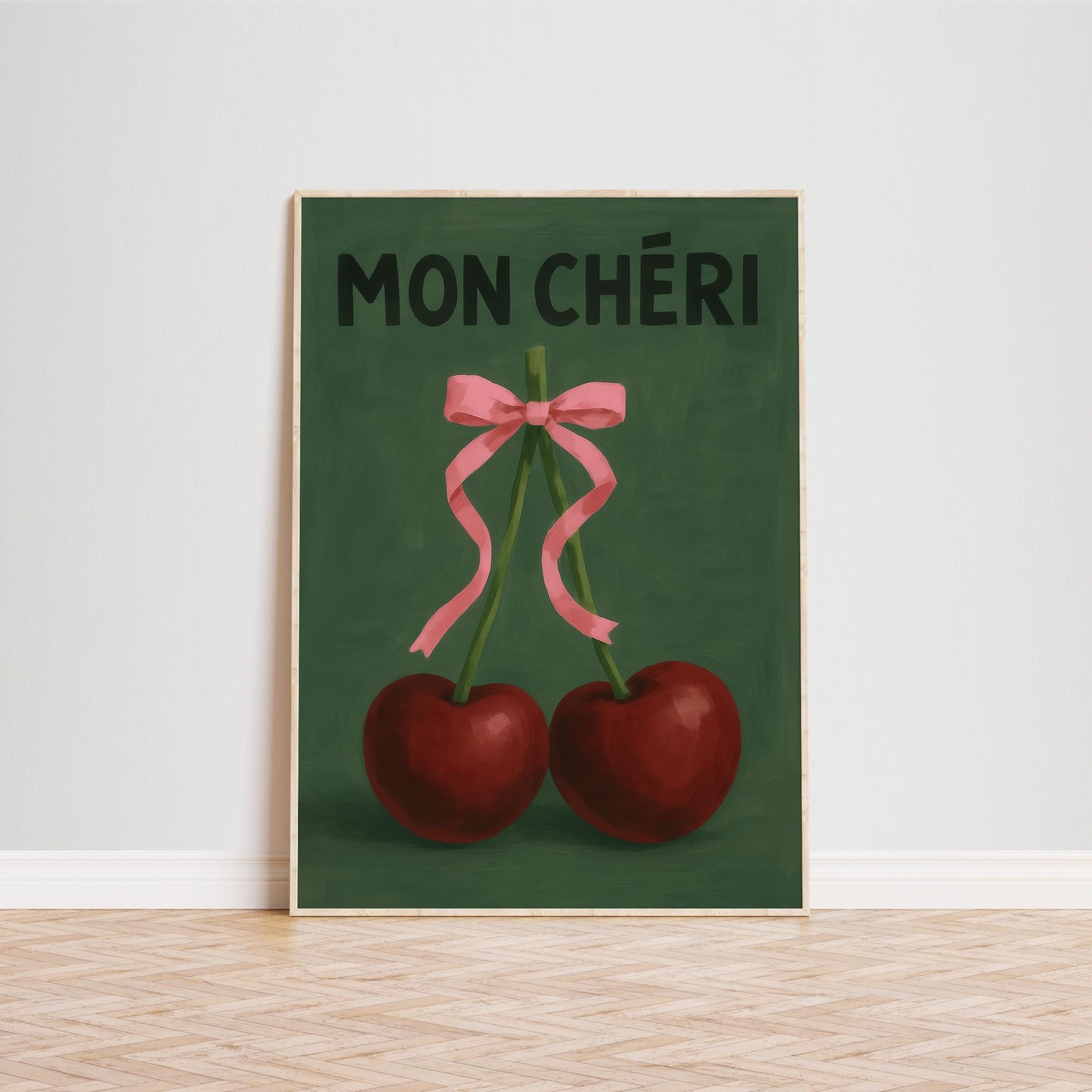 Cherry Art Print – Romantic French Phrase With Bold Cherries | Parisian Chic Wall Decor