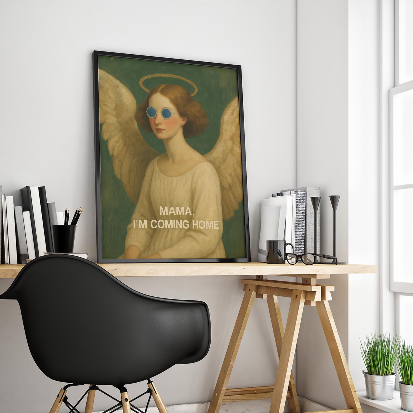 Cool Angel Wall Art – Surreal Vintage Halo Poster With Blue Sunglasses