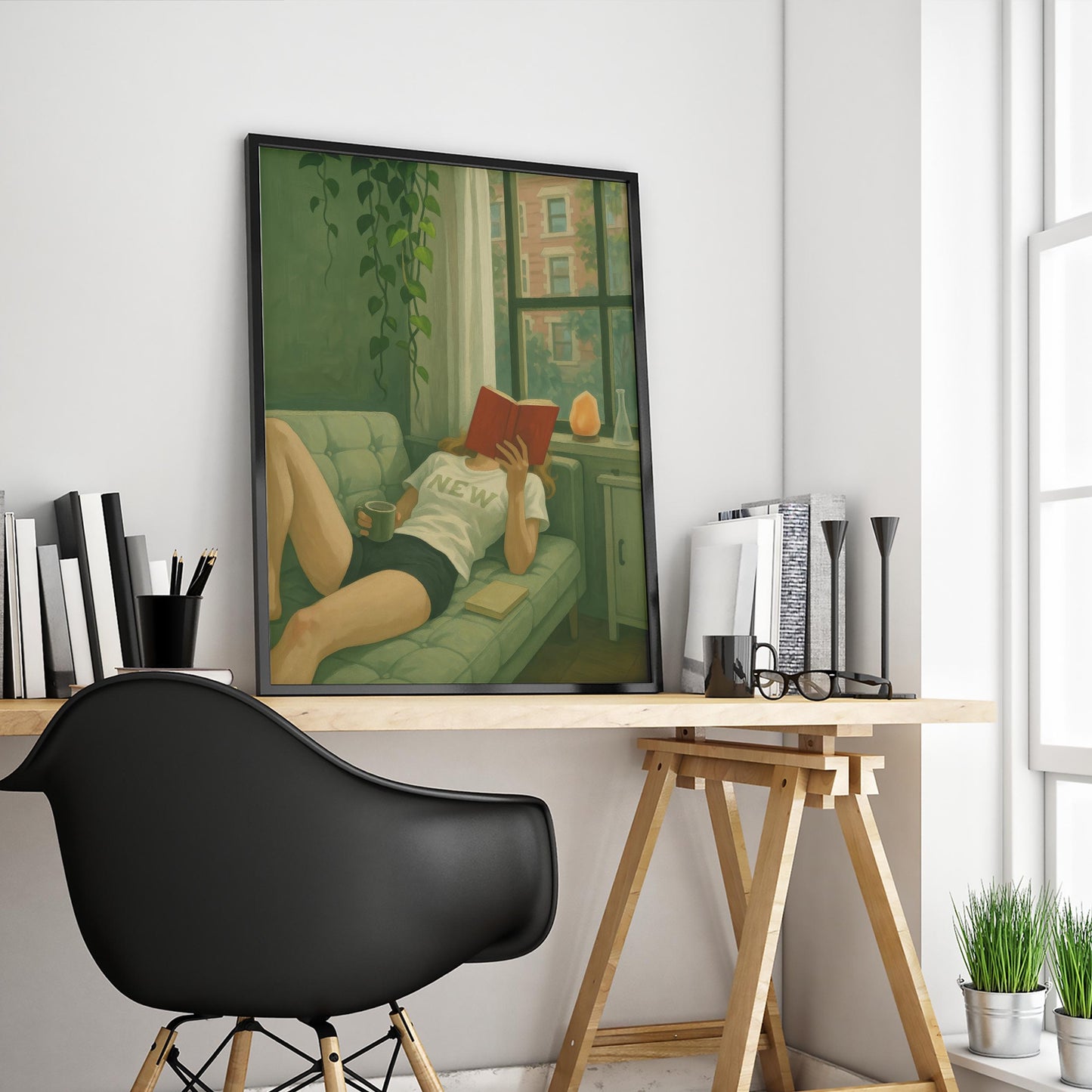 Cozy Reading Corner Art – Living Room Wall Art With Book and Coffee Print