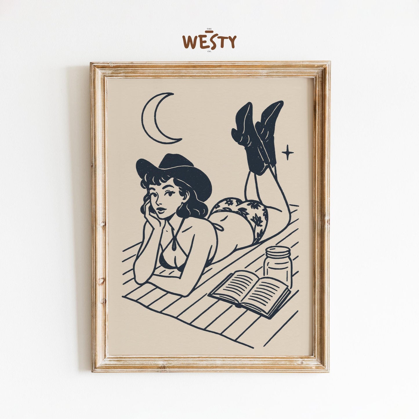 Western Pin-Up Poster – Moonlight Cowgirl Reading Retro Wall Art Print