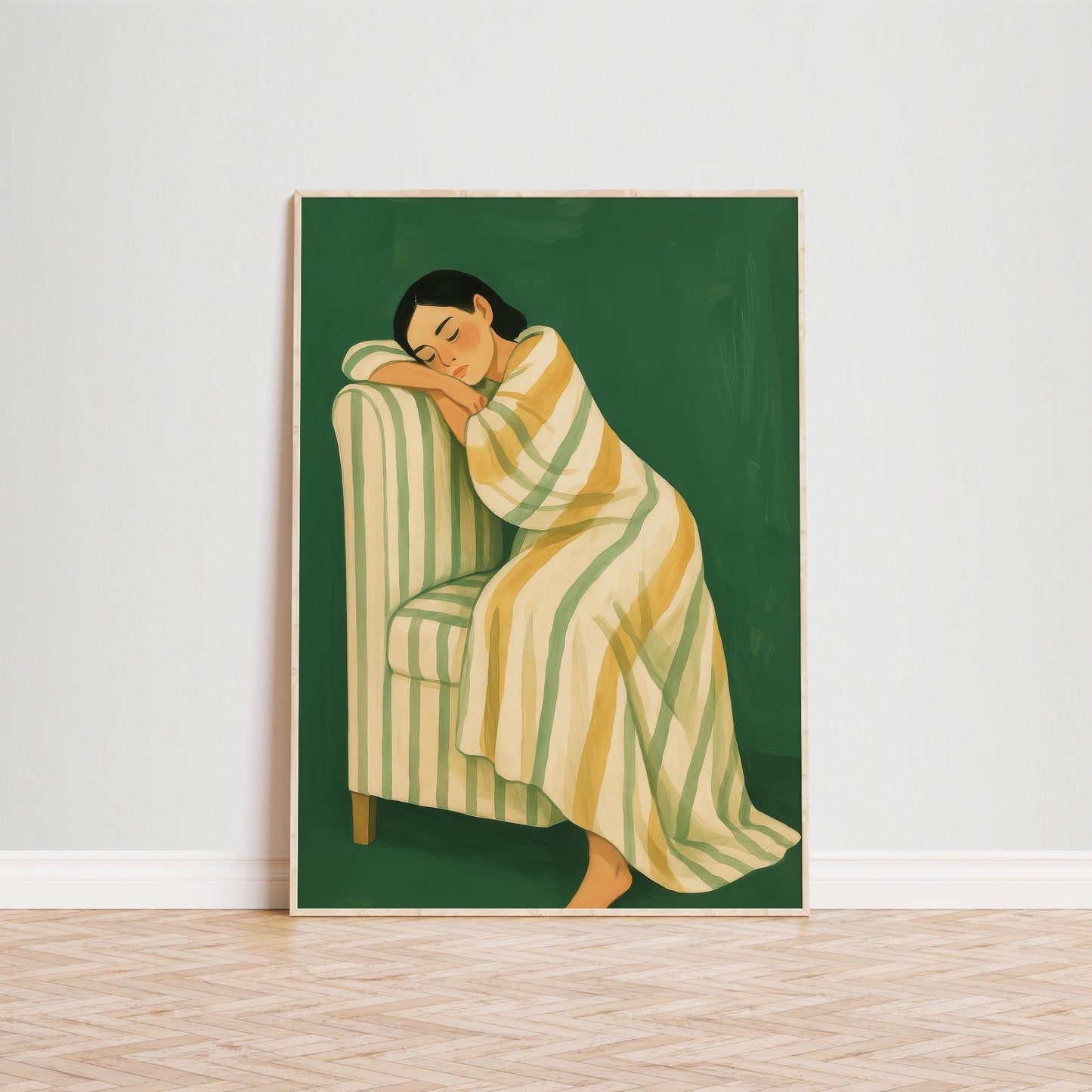Striped Chair Girl Poster – Calm Resting Art | Green Yellow Decor & Cozy Wall Print
