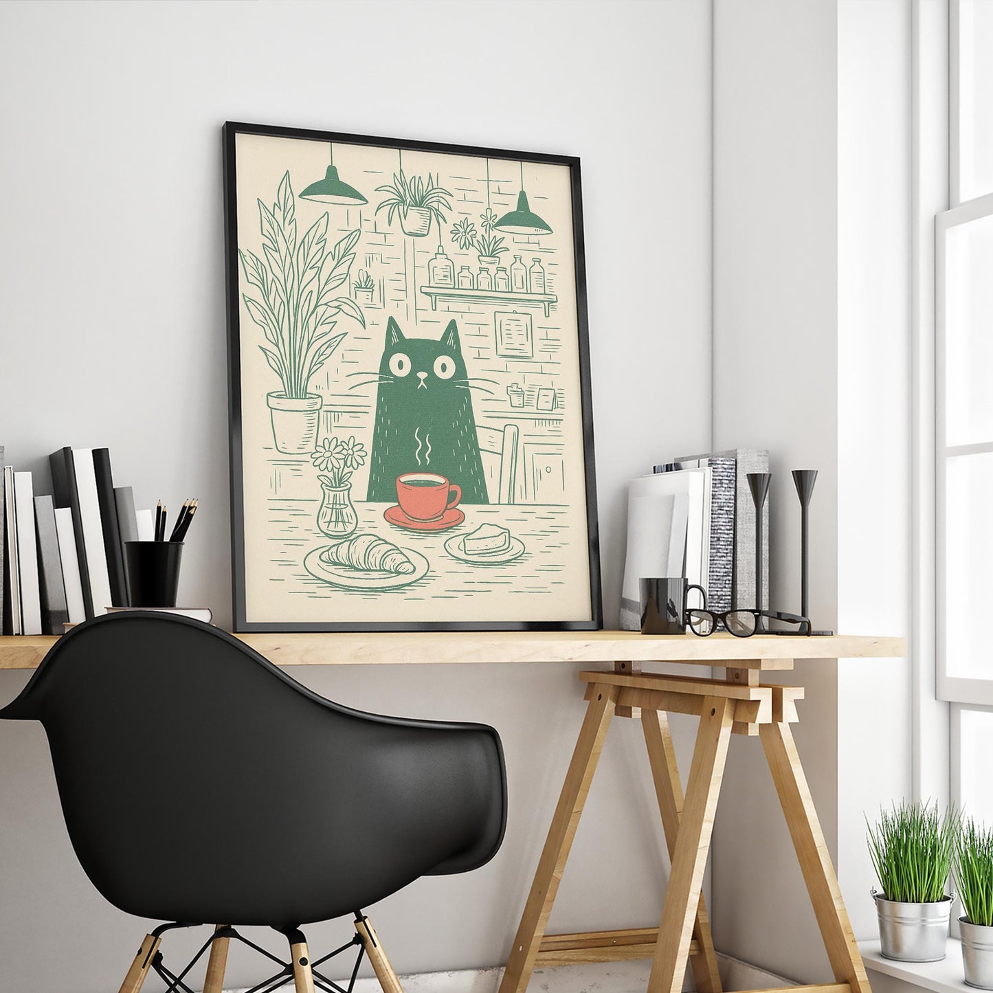 Cat Café Poster – Minimal Green Line Art of Cat with Coffee