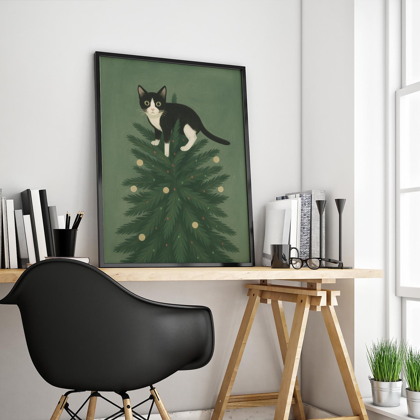 Christmas Cat Poster – Retro Holiday Wall Art With Playful Black and White Cat Design