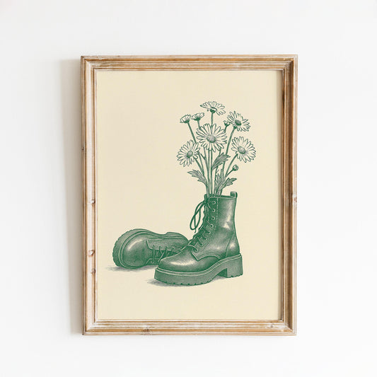 Boots and Daisies Poster – Feminine Strength Minimal Line Art