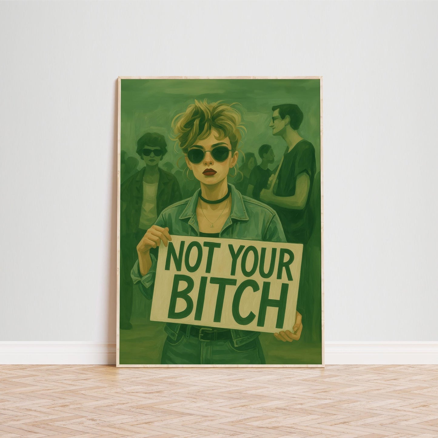 Feminist Protest Poster – Retro Wall Art with Bold Woman Decor & Green Protest Art