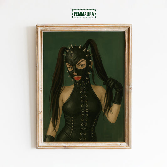 BDSM Fetish Art Print – Bold Retro Woman Poster | Edgy Green Wall Decor