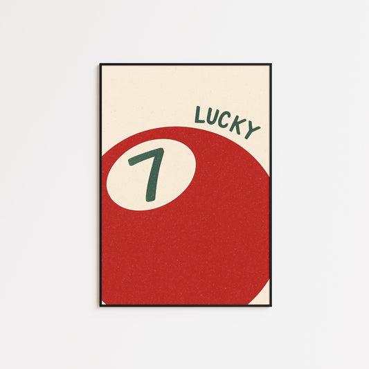 Lucky 7 Poster – Vintage Red Billiard Ball Print – Retro Wall Art – Game Room Decor