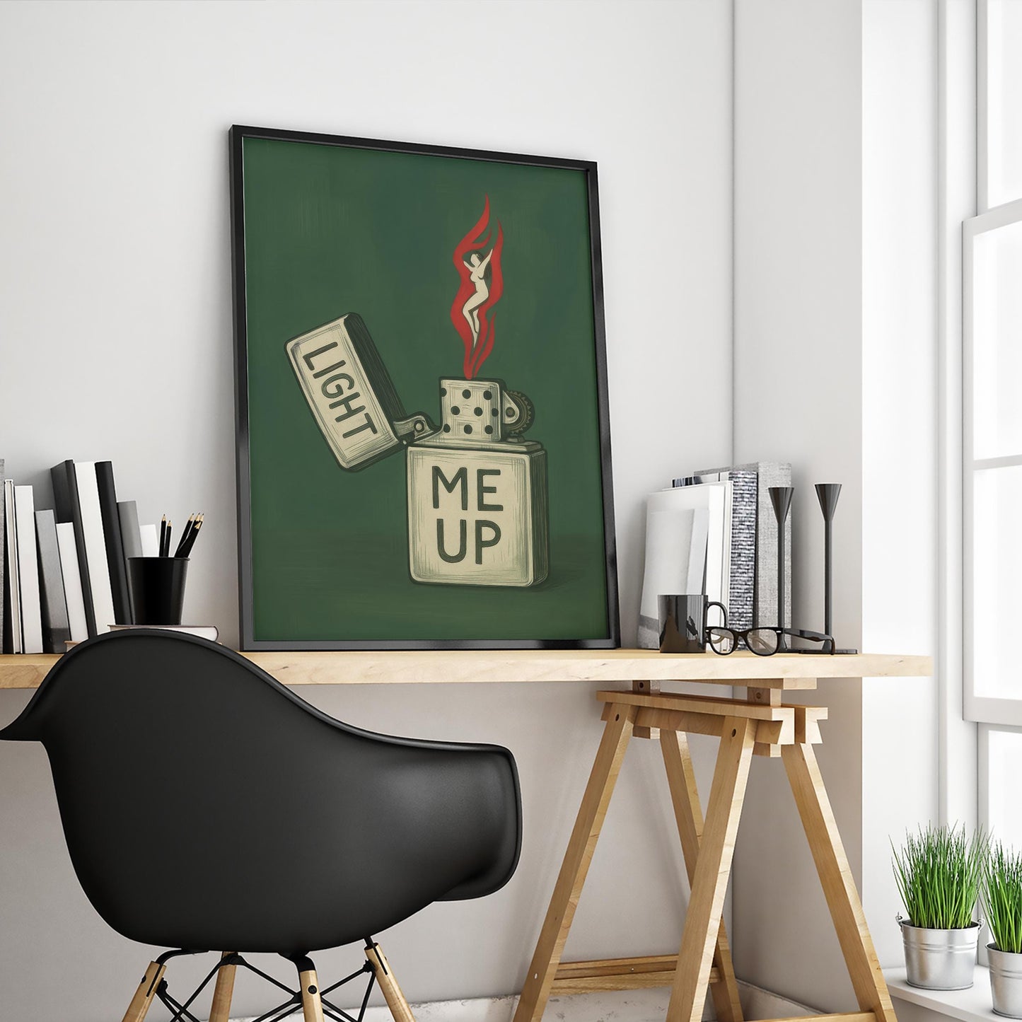 Retro Lighter Art Print – Bold Green Wall Decor With Flame Woman Illustration