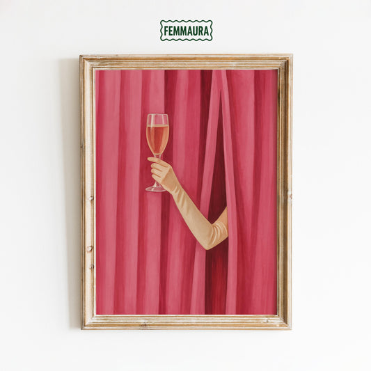 Champagne Wall Art – Elegant Glam Home Decor With Red Curtain And Sophisticated Style