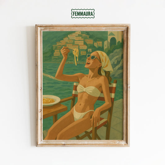 Amalfi Pasta Poster – Retro Italian Summer Art | Coastal Dining Decor Print