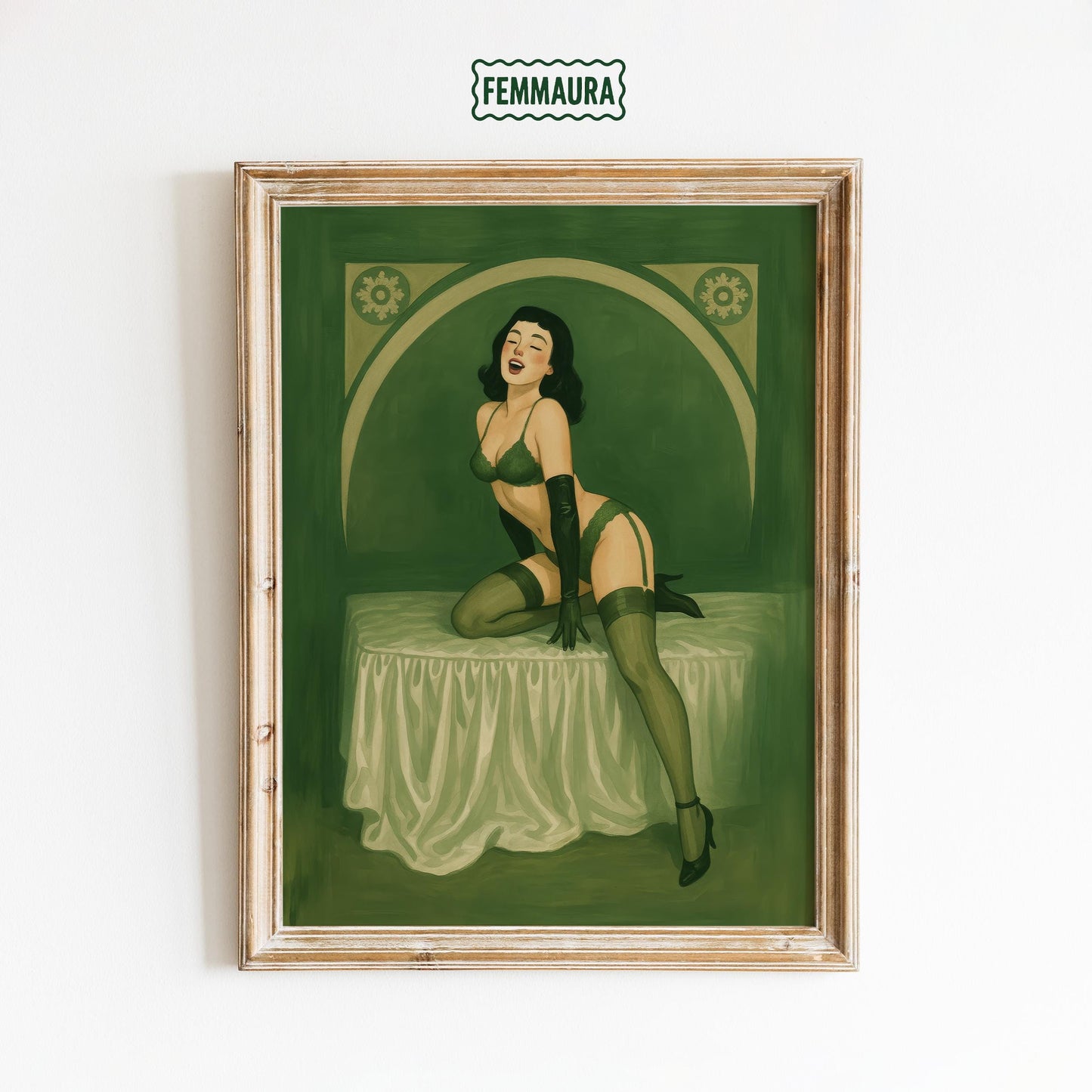 Vintage Pin Up Art – Retro Glamour Illustration | Green Lingerie Print