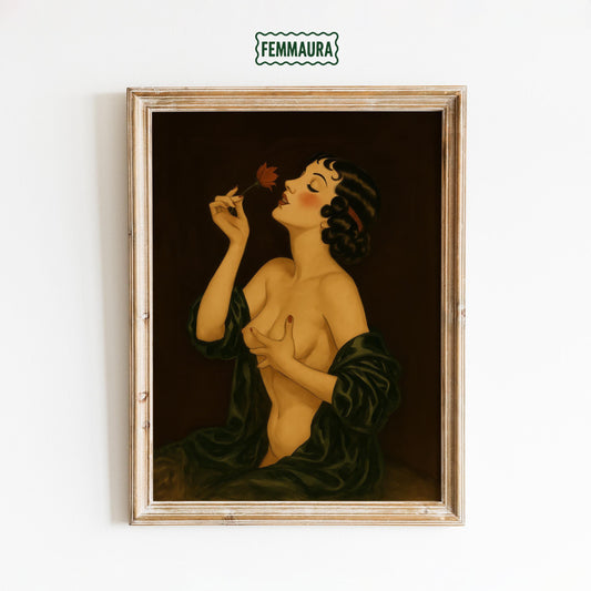 Vintage Sensual Wall Art – Romantic Nude Print with Flower Woman Art Decor