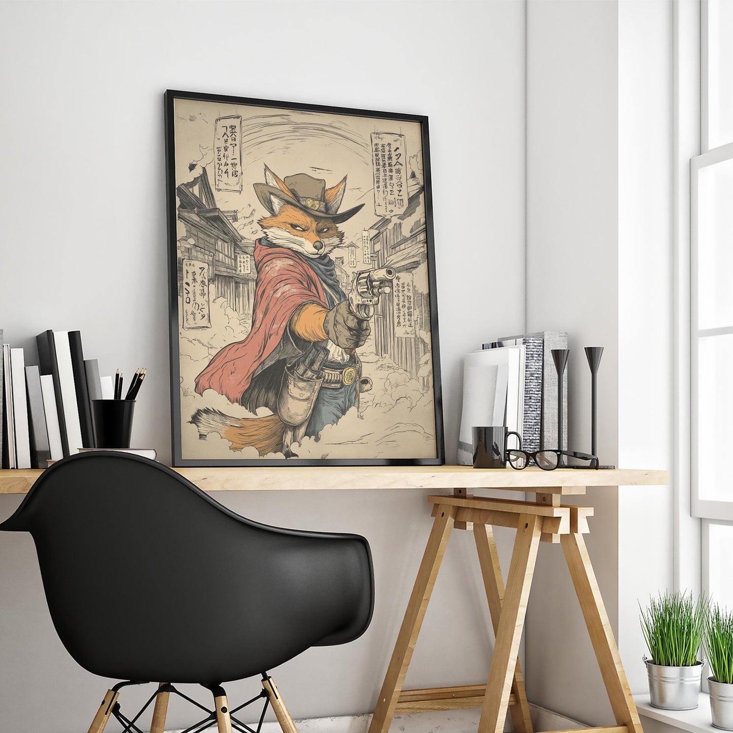 Fox Gunslinger Poster – Wild West Samurai Town Mashup Wall Art