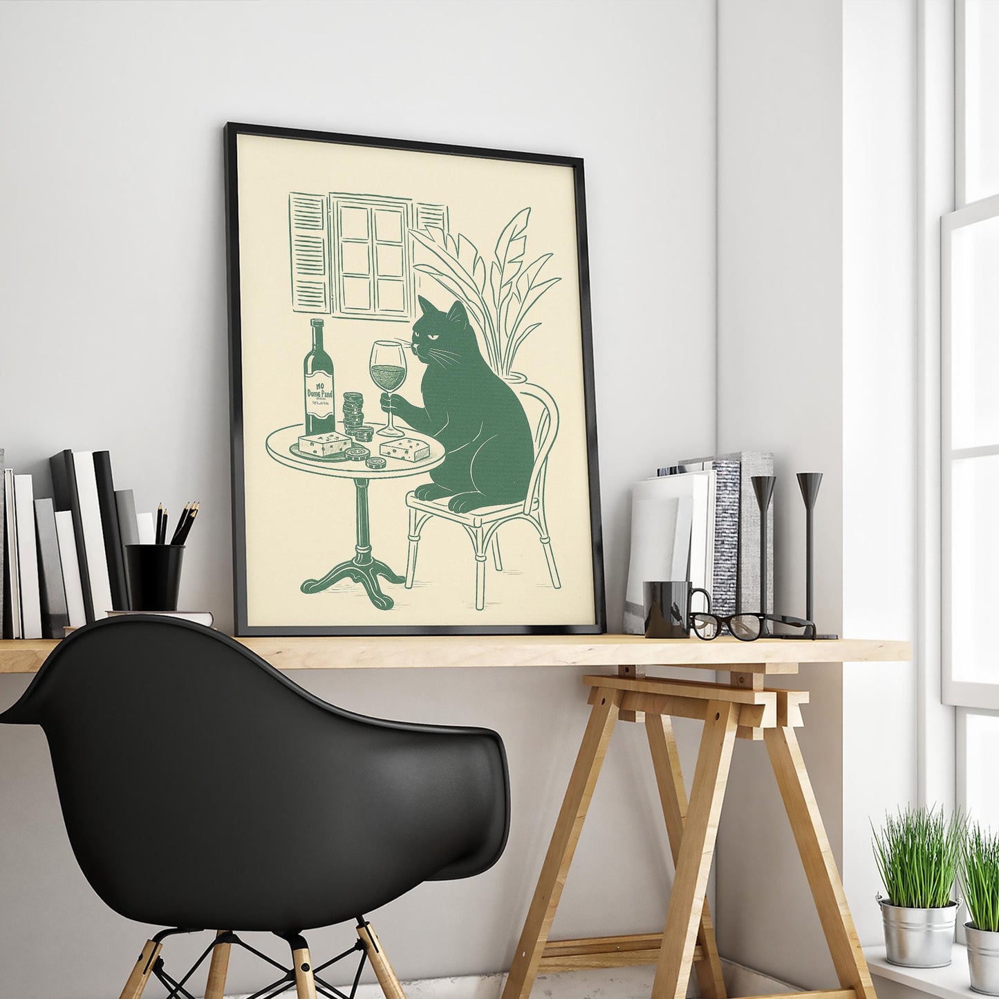 Wine Cat Poster – Elegant Minimal Line Art, French Café Style Wall Print