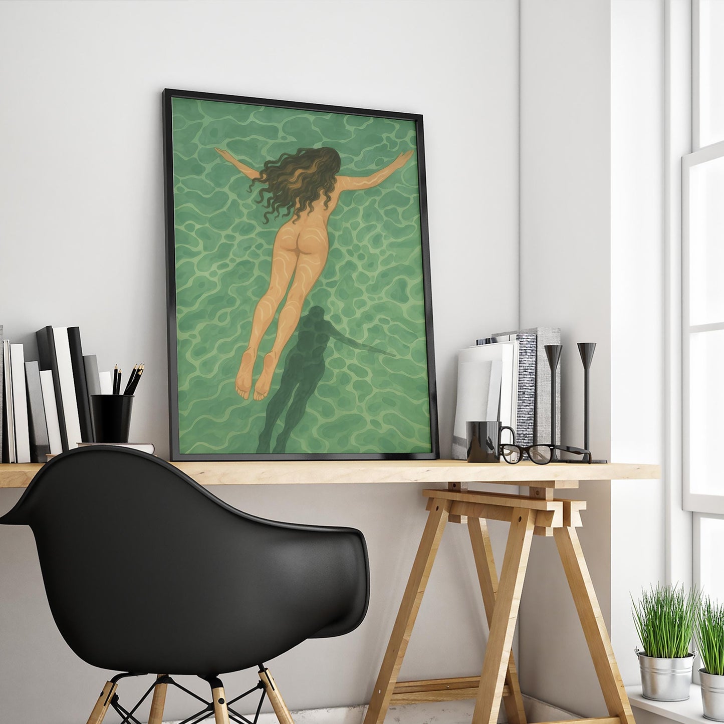 Minimalist Coastal Wall Art Featuring Nude Swimming Art Print – Serene Green Palette