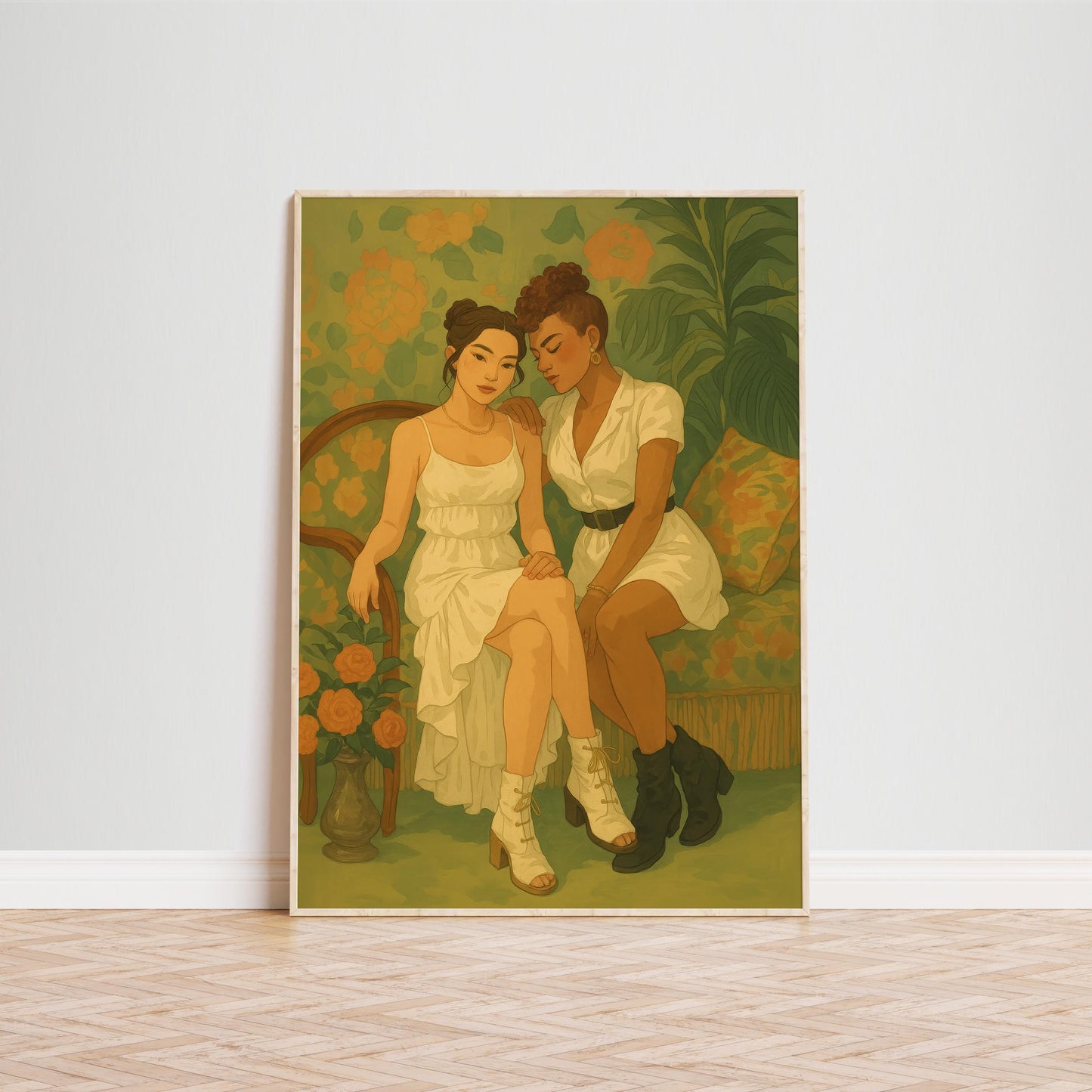 Lesbian Wall Art – Queer Couple Print With Feminine Vintage Floral Intimacy