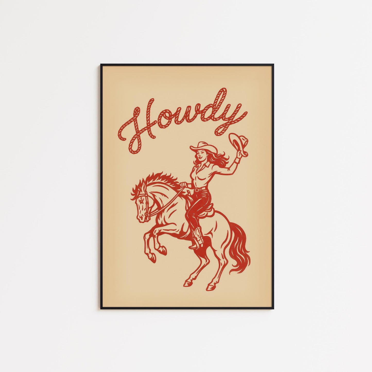 Howdy Cowgirl Wall Art – Vintage Western Female Rider Print in Red