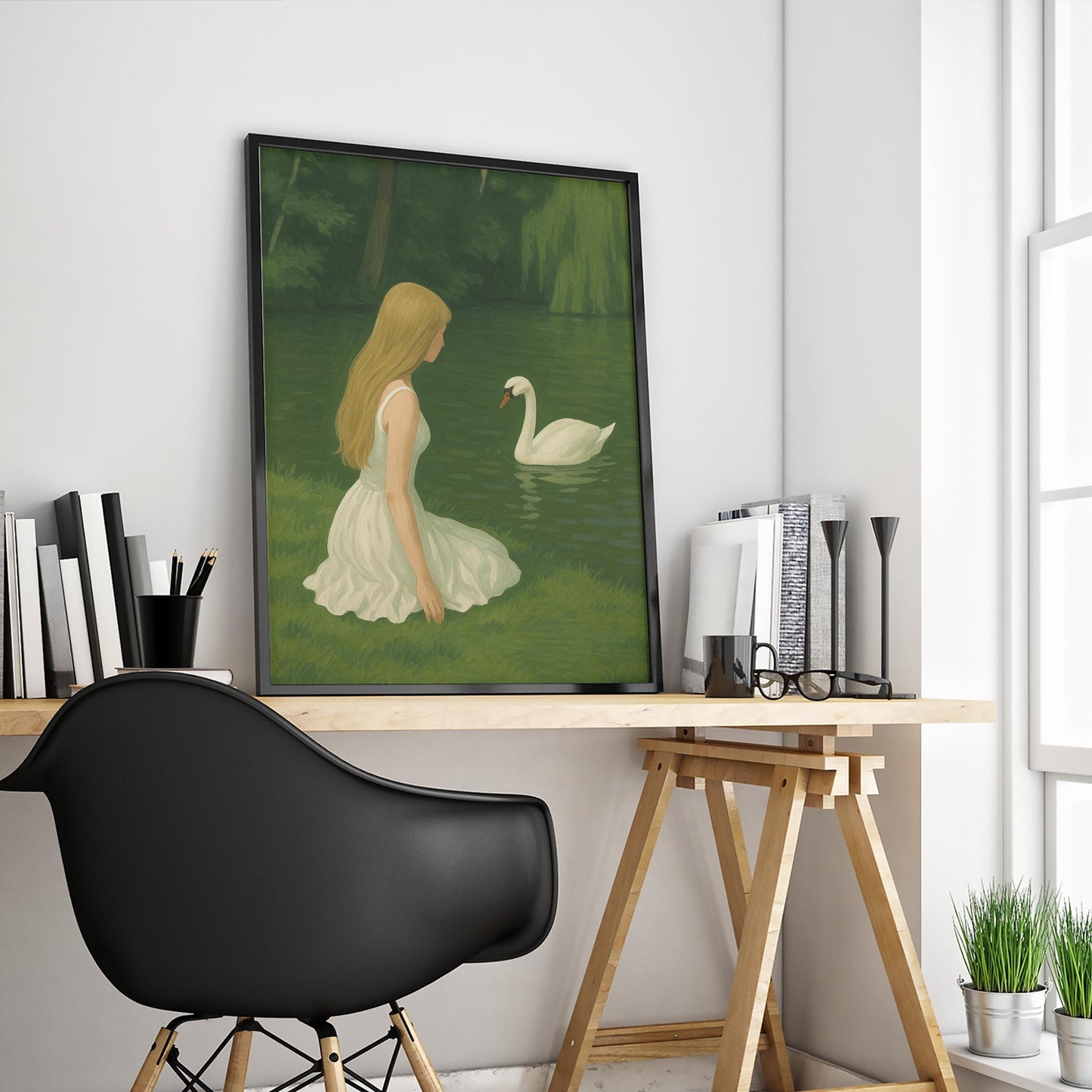 Girl Swan Poster – Dreamy Green Poster | Elegant Nature Wall Art
