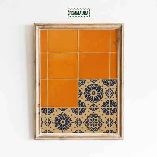 Orange Tile Poster – Mediterranean Wall Art | Retro Tile Print & Vintage Kitchen Decor