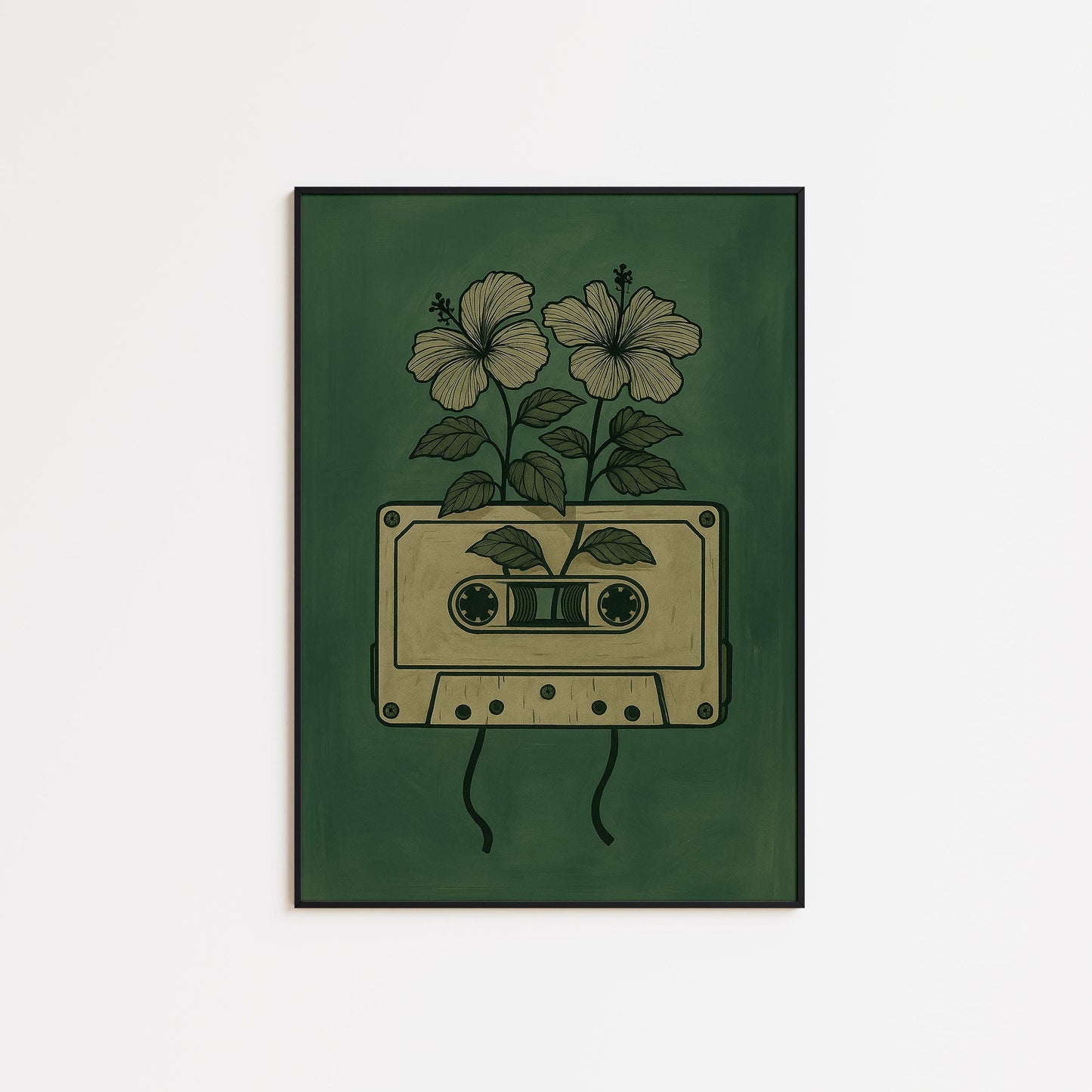 Retro Music Wall Art – Vintage Cassette Poster With Floral Tape Flower Art