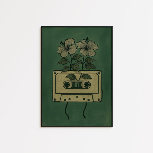 Retro Music Wall Art – Vintage Cassette Poster With Floral Tape Flower Art