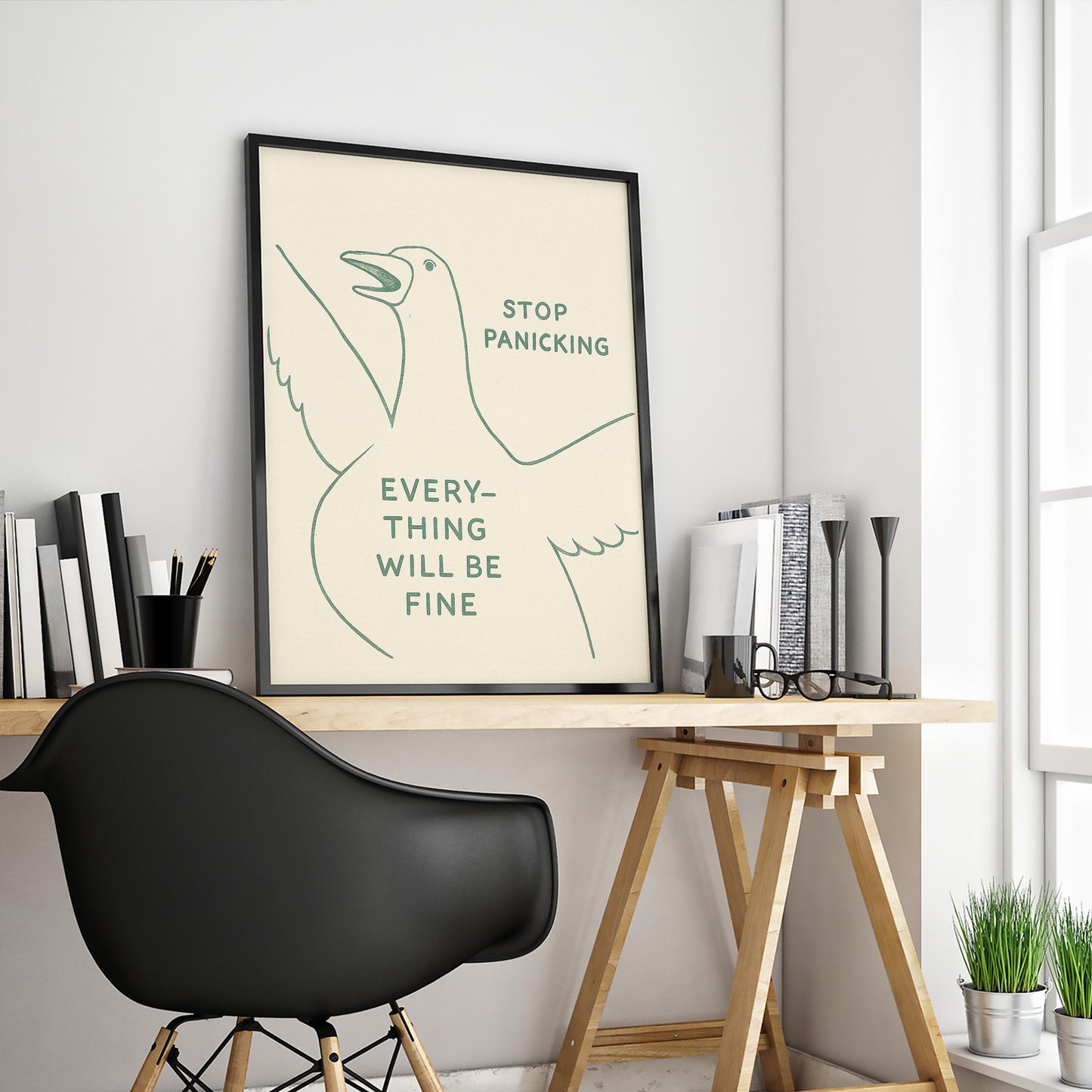 Funny Duck Poster – Stop Panicking Wall Art, Minimal Line Animal Print
